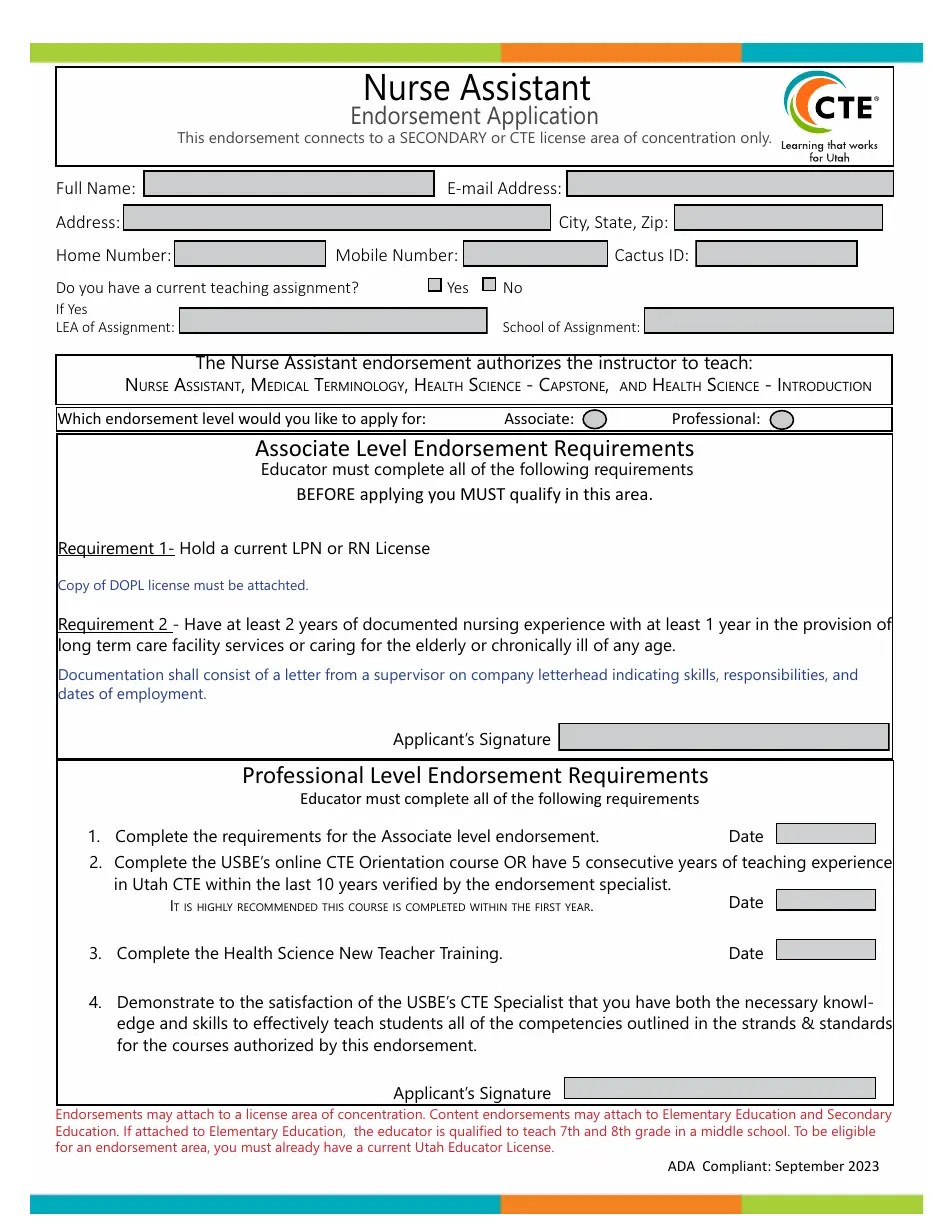 Utah Nurse Assistant Endorsement Application Fill Out, Sign Online