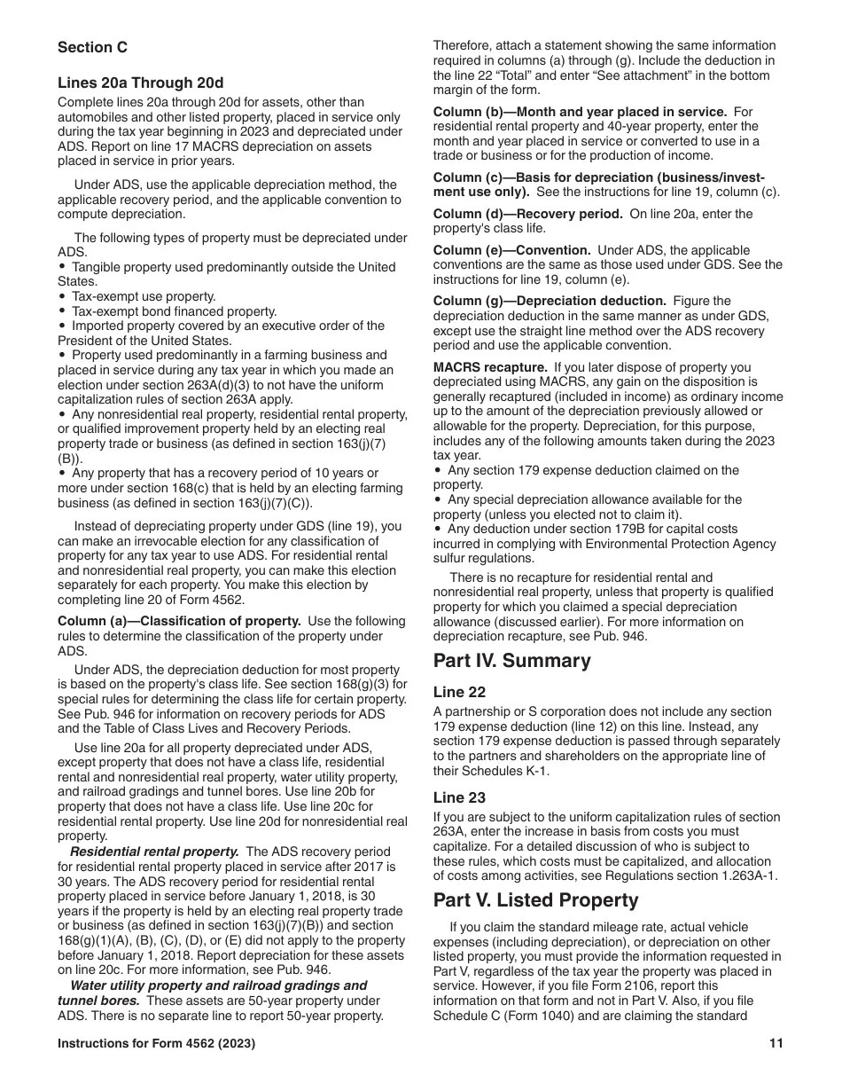 Download Instructions for IRS Form 4562 Depreciation and Amortization (Including Information on