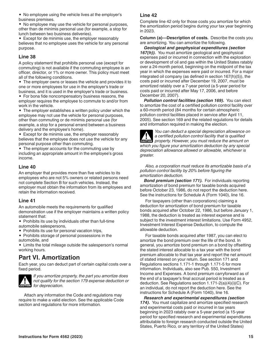 Download Instructions for IRS Form 4562 Depreciation and Amortization (Including Information on