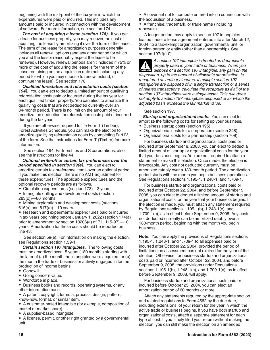 Download Instructions for IRS Form 4562 Depreciation and Amortization (Including Information on