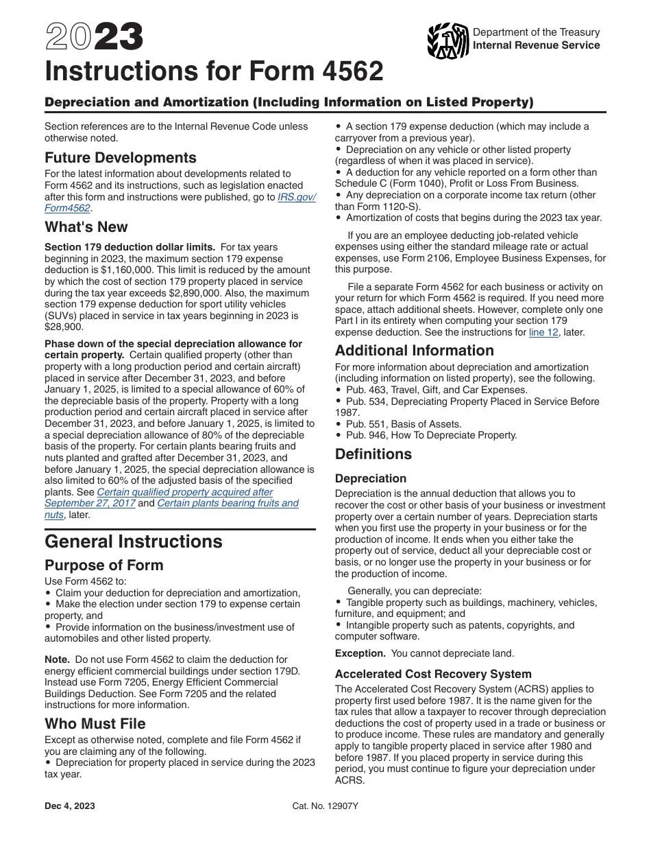 Download Instructions for IRS Form 4562 Depreciation and Amortization (Including Information on