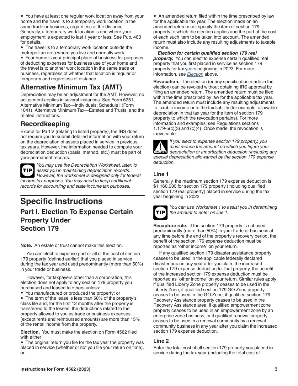 Download Instructions for IRS Form 4562 Depreciation and Amortization (Including Information on