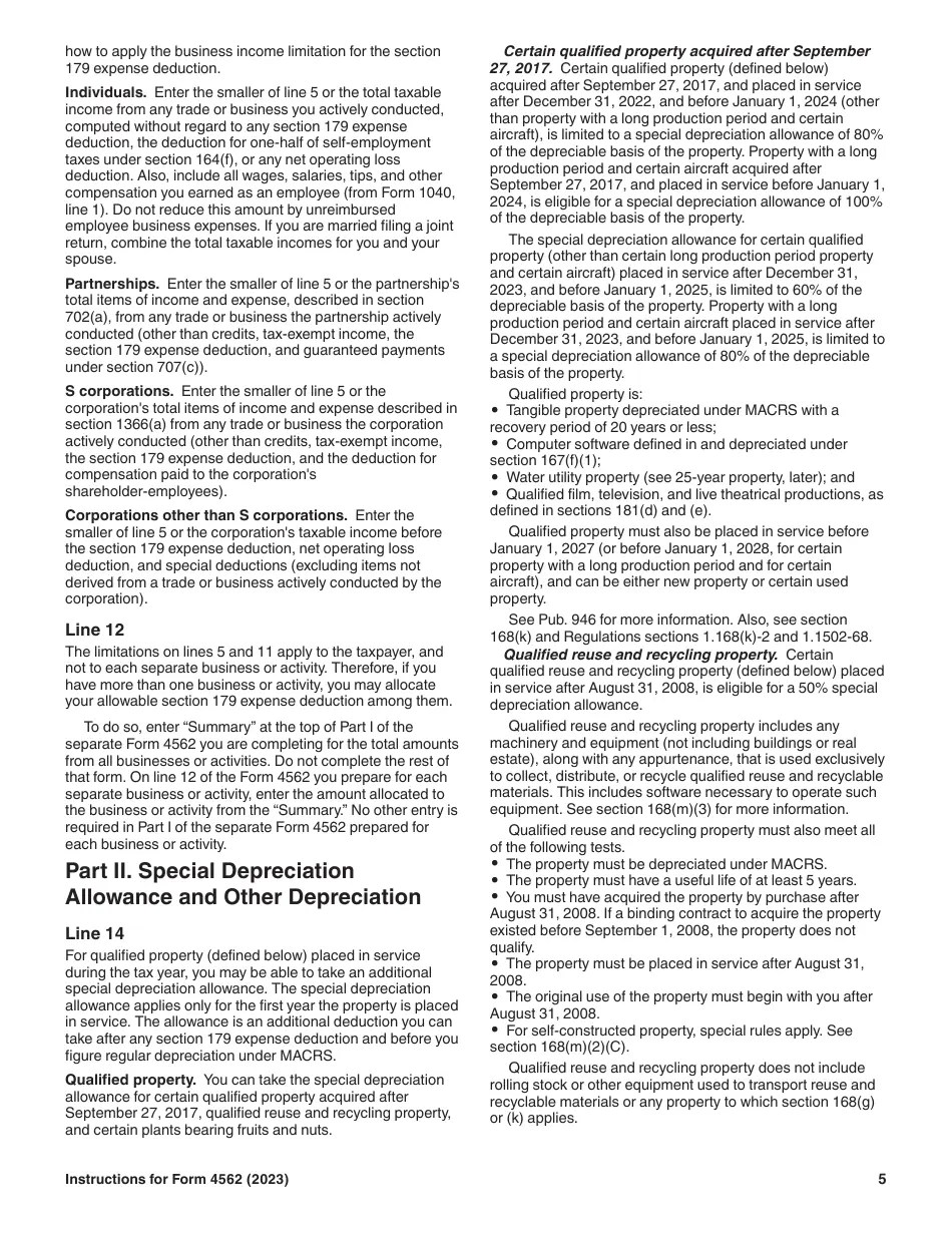 Download Instructions for IRS Form 4562 Depreciation and Amortization (Including Information on