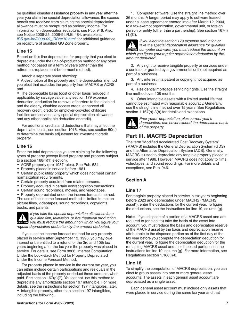 Download Instructions for IRS Form 4562 Depreciation and Amortization (Including Information on