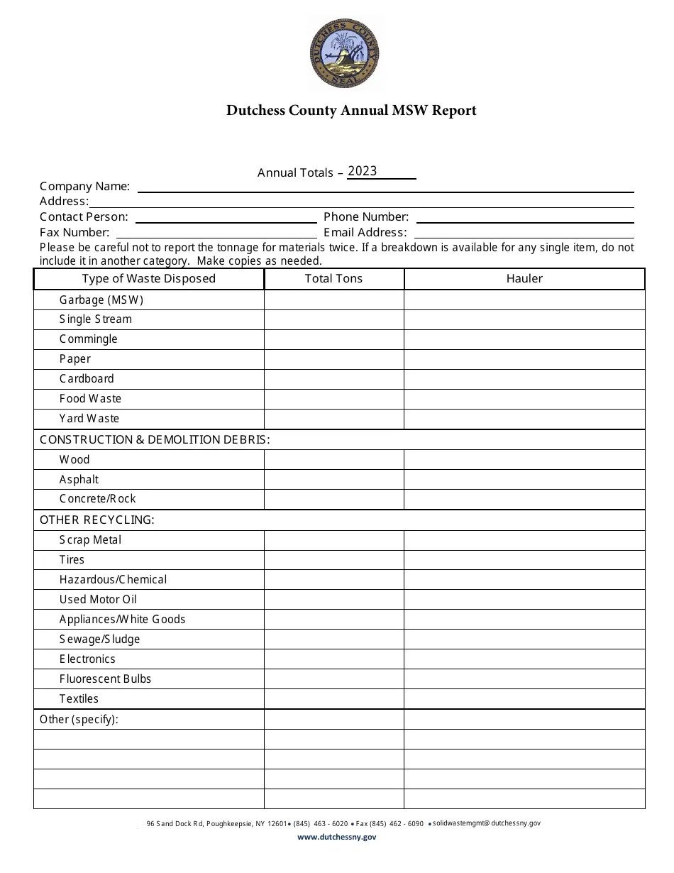 2023 Dutchess County, New York Annual Recycling Report Form Business