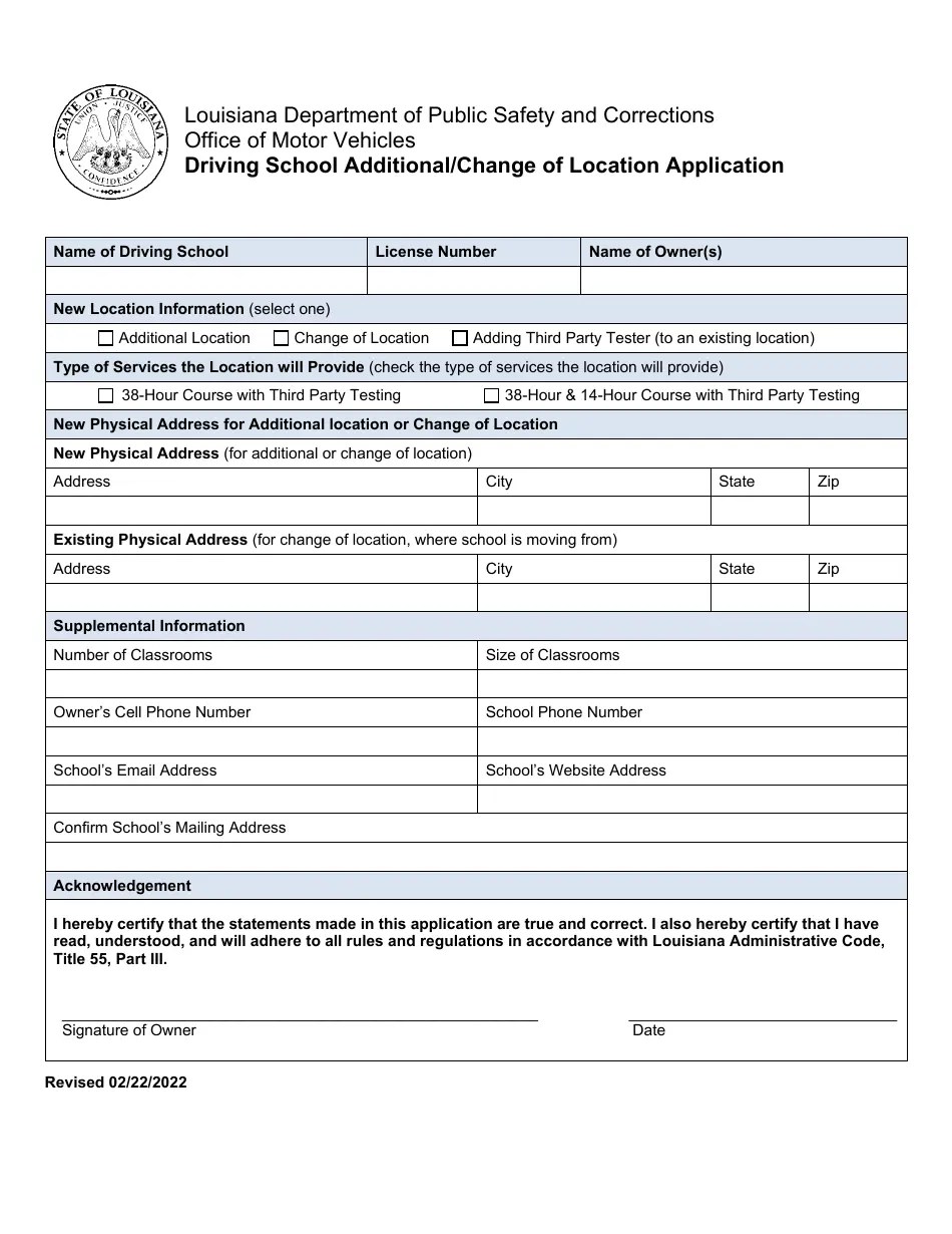 Louisiana Driving School Additional/Change of Location Application