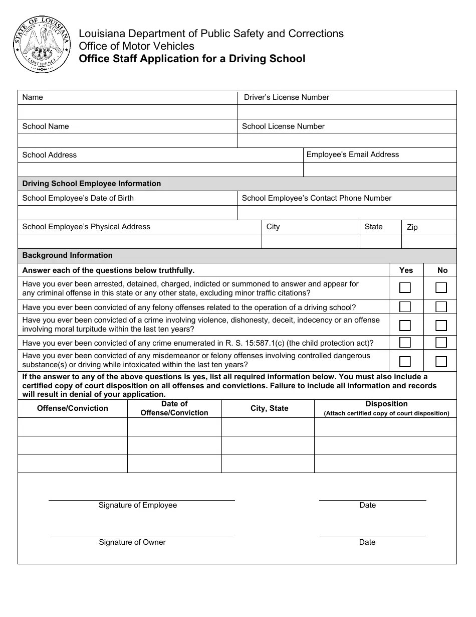 Louisiana Office Staff Application for a Driving School Fill Out