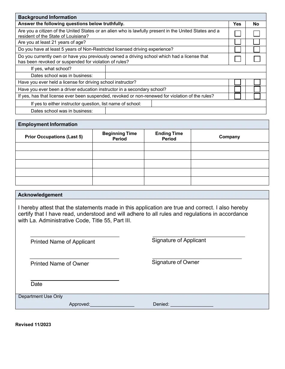 Louisiana Driving School Instructor/Third Party Examiner Application