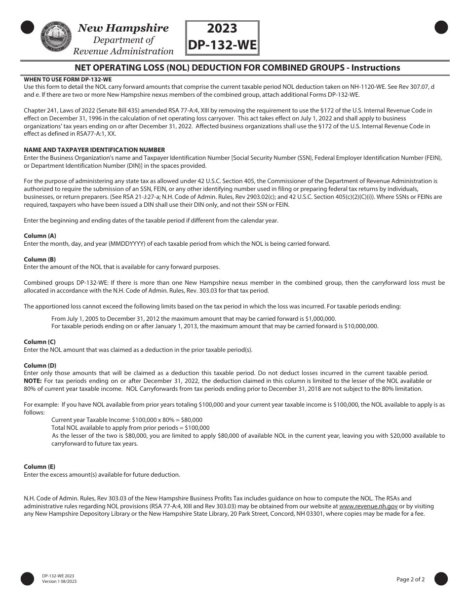 Form DP132WE Download Fillable PDF or Fill Online Net Operating Loss