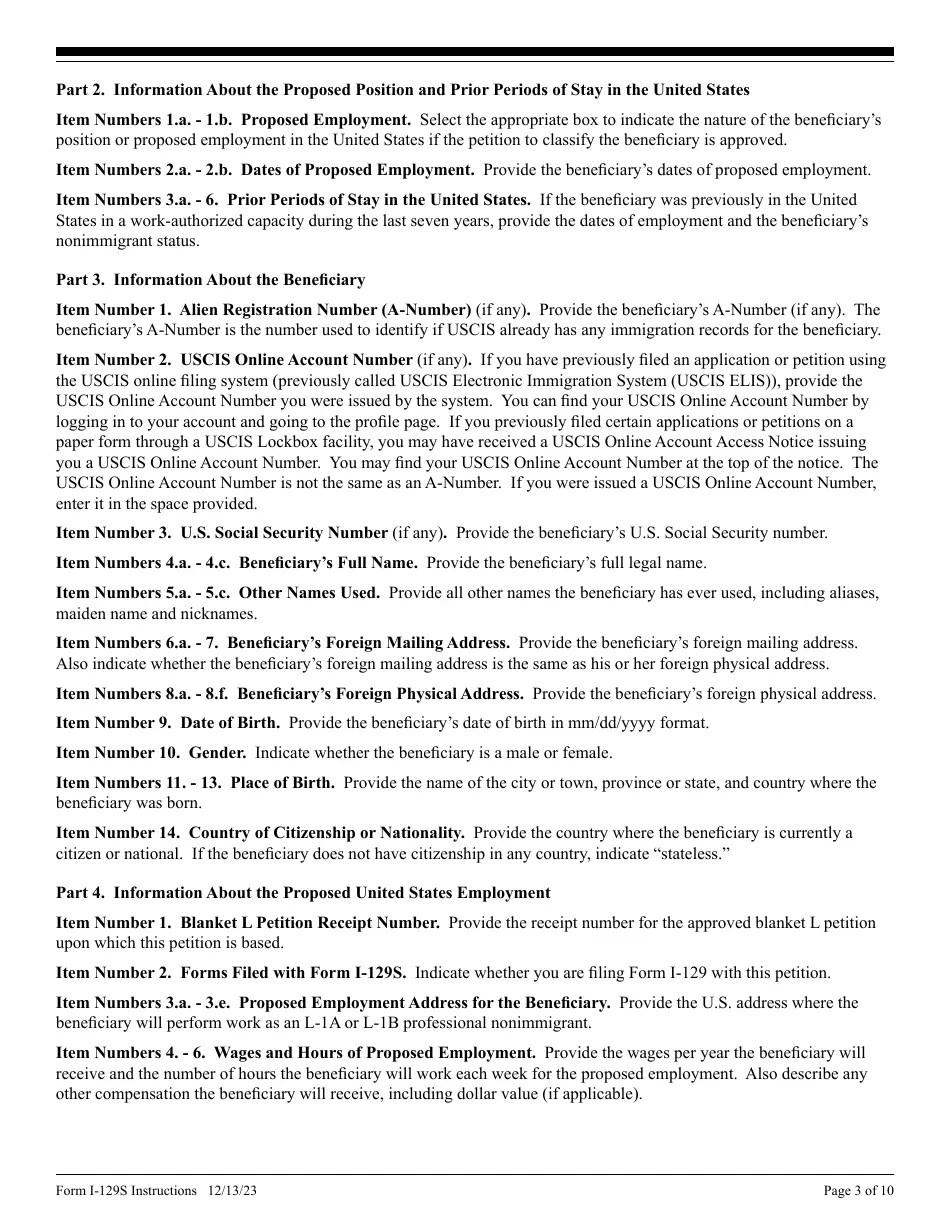 Download Instructions for USCIS Form I129S Nonimmigrant Petition Based on Blanket L Petition