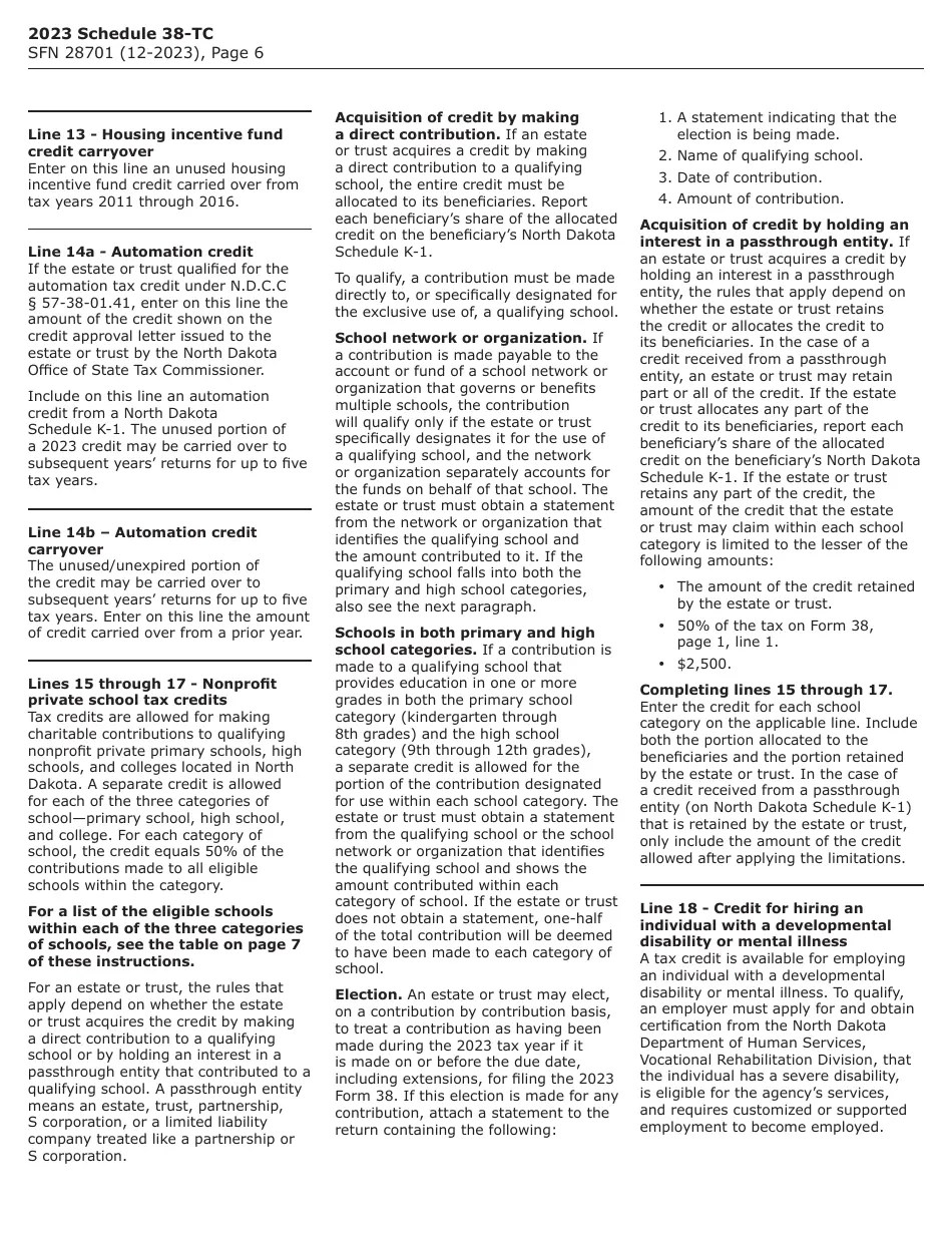 Form SFN28701 Schedule 38TC Download Fillable PDF or Fill Online Tax