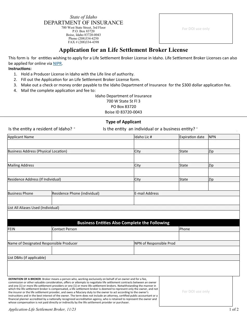 Idaho Application for a Life Settlement Broker License Fill Out, Sign