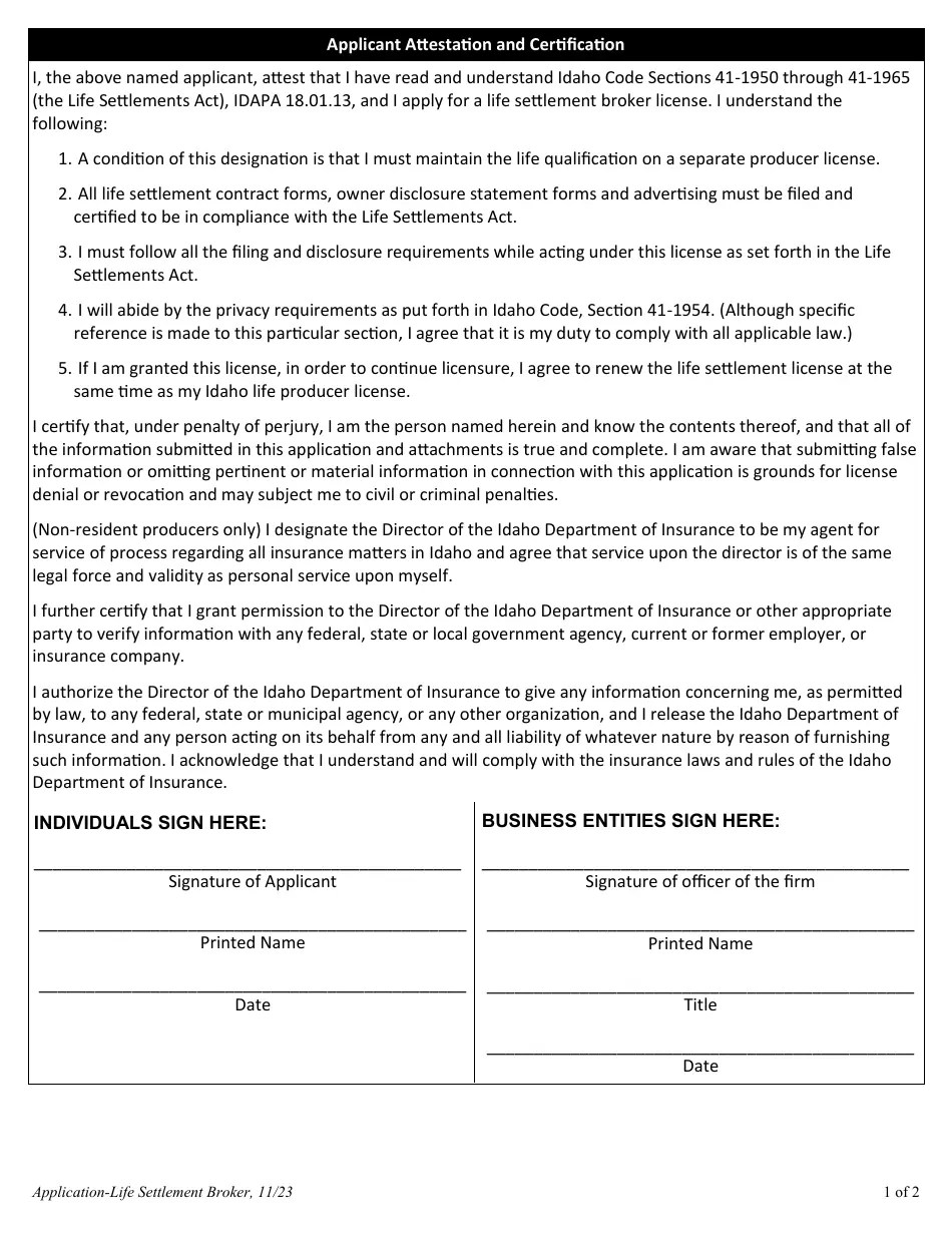 Idaho Application for a Life Settlement Broker License Fill Out, Sign