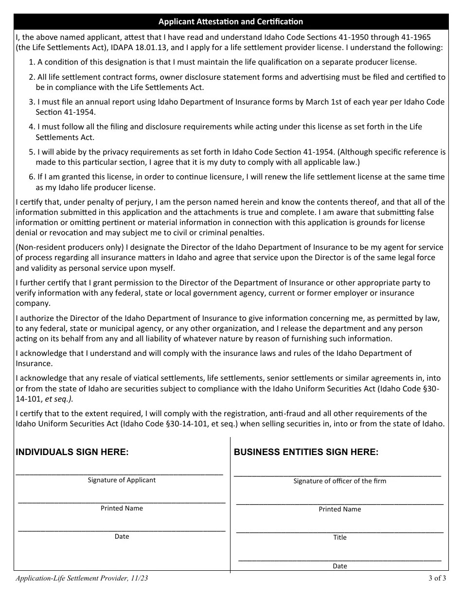Idaho Application for a Life Settlement Provider License Fill Out