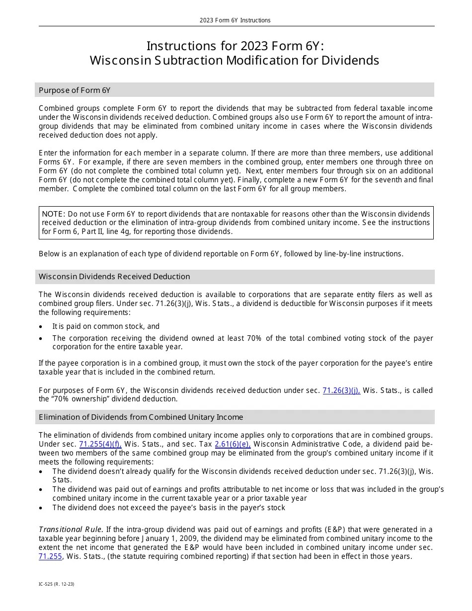 Download Instructions for Form 6Y, IC425 Wisconsin Subtraction