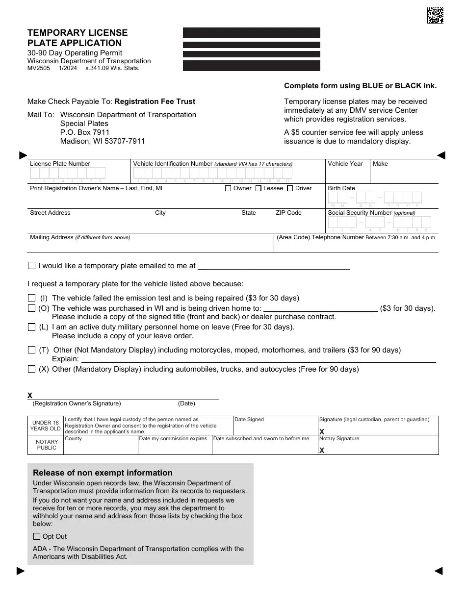 Form MV2505 Download Fillable PDF or Fill Online Temporary License