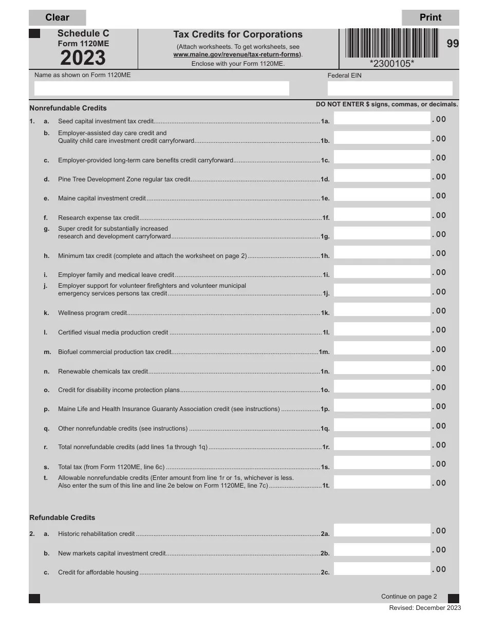 Form 1120ME Schedule C Download Fillable PDF or Fill Online Tax Credits