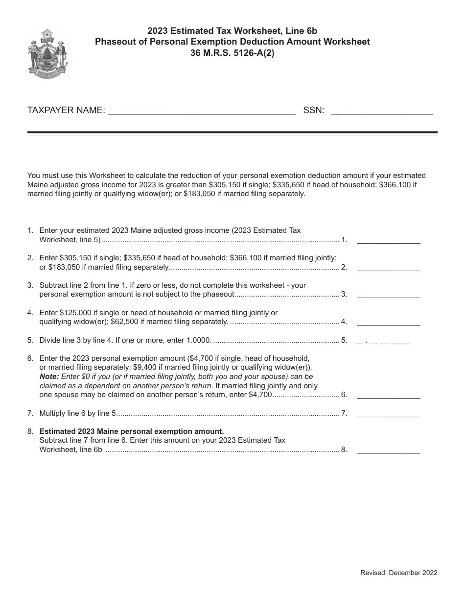 2023 Maine Phaseout of Personal Exemption Deduction Amount Worksheet Download Printable PDF 2021