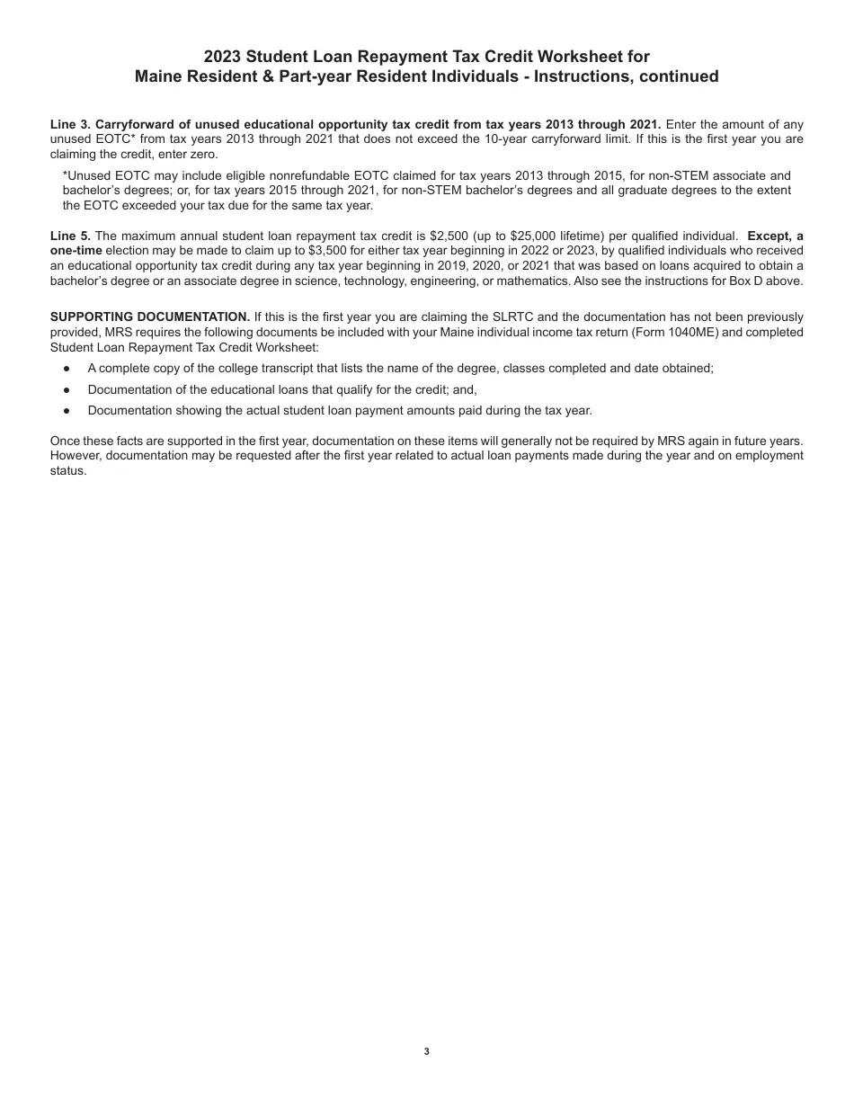 2023 Maine Student Loan Repayment Tax Credit Worksheet for Maine