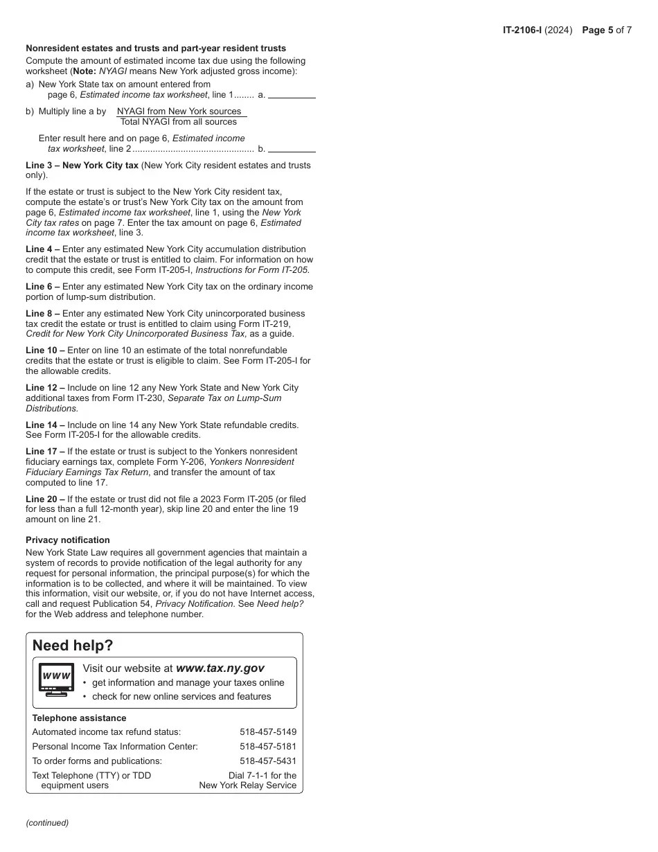 Download Instructions for Form IT2106 Estimated Tax Payment