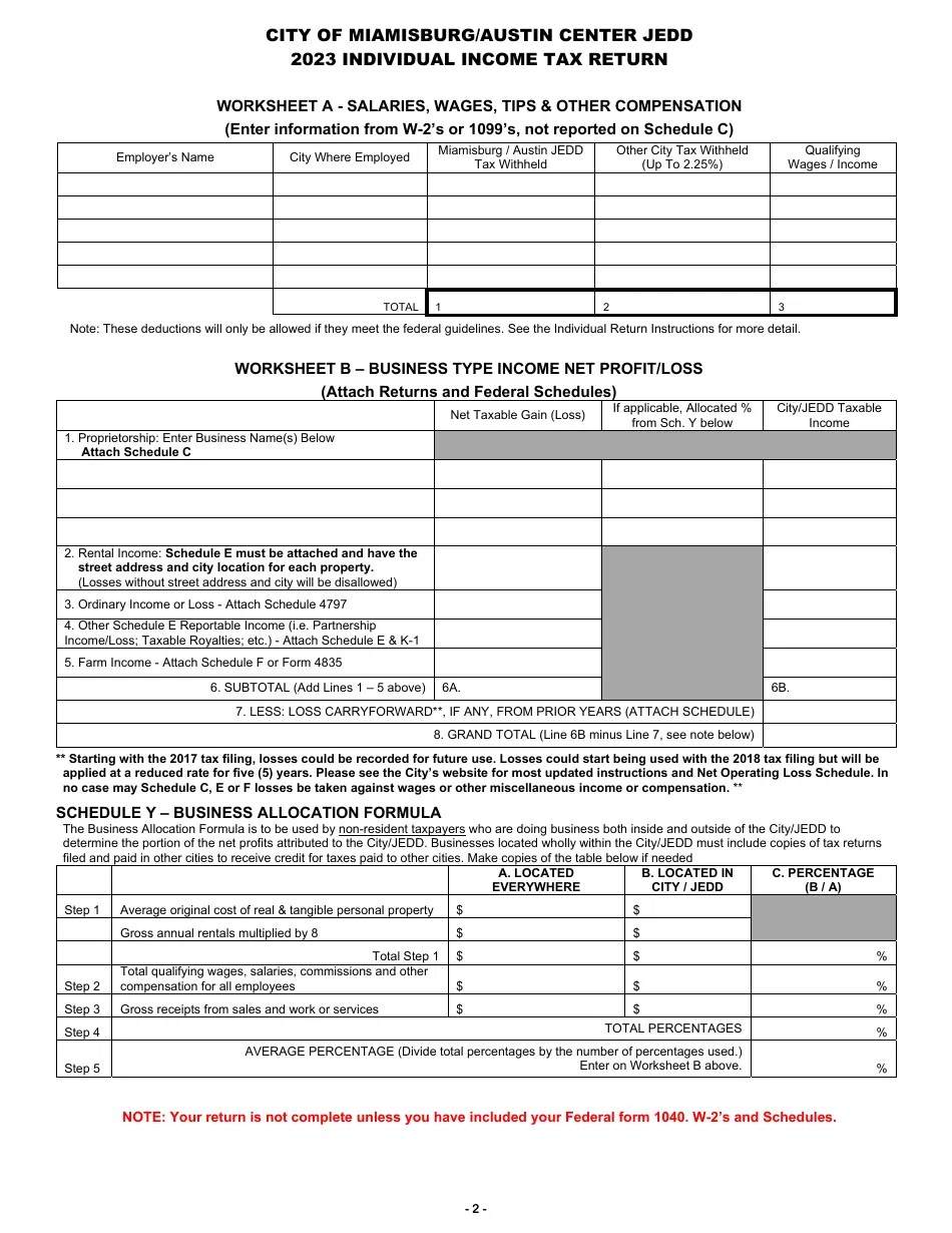 2023 City of Miamisburg, Ohio Individual Tax Return Fill Out, Sign Online and Download