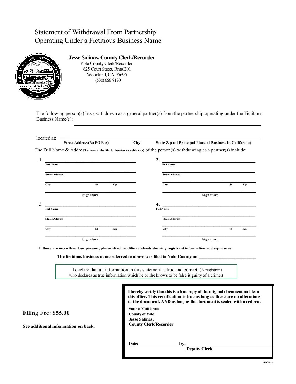 Yolo County, California Statement of Withdrawal From Partnership