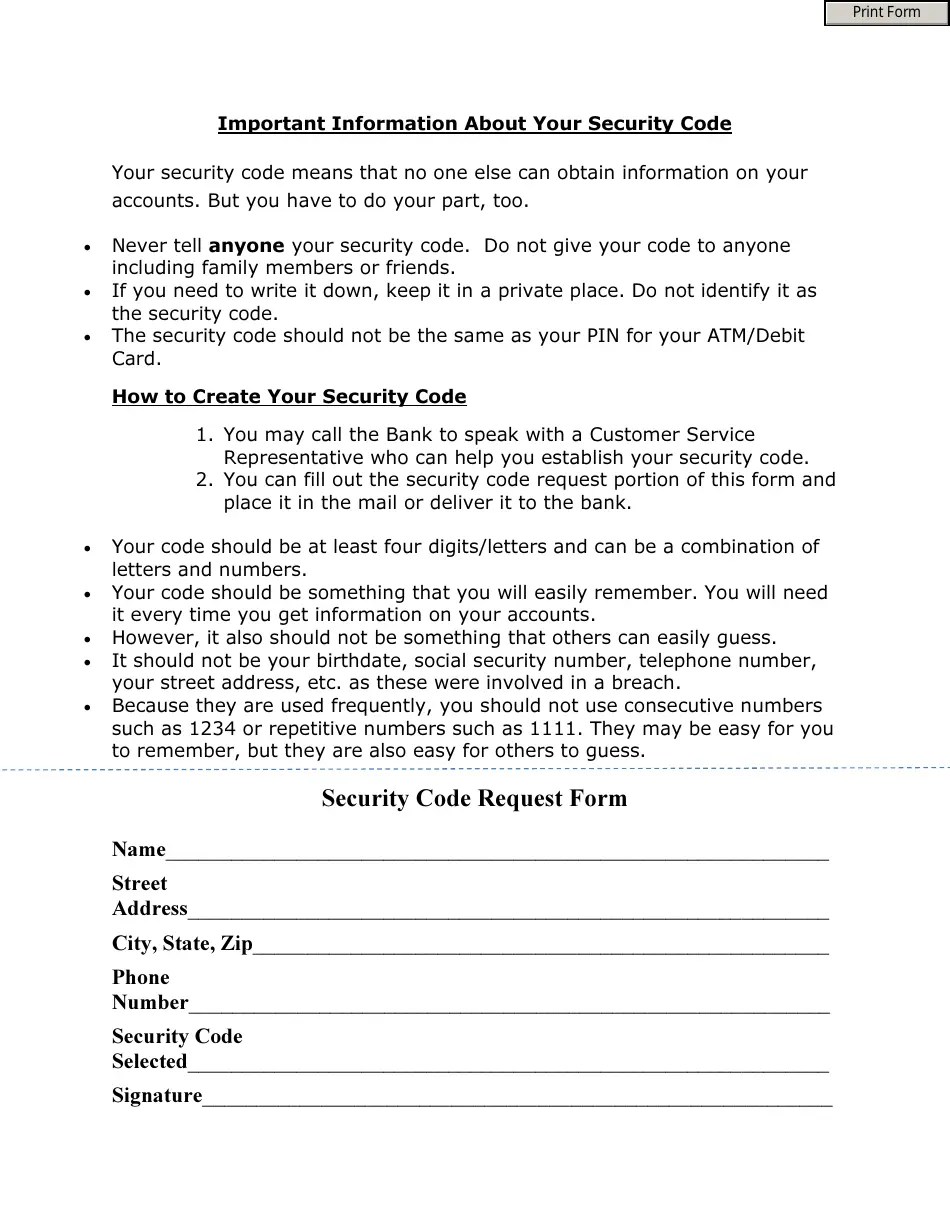 Security Code Request Form Fill Out, Sign Online and Download PDF