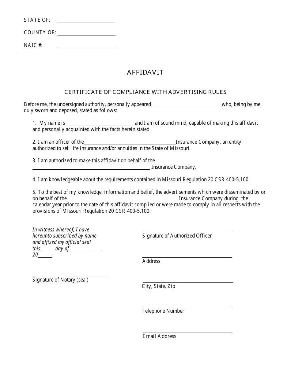 Missouri Certificate of Compliance With Advertising Rules Download