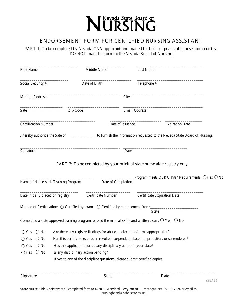 Nevada Endorsement Form for Certified Nursing Assistant Download Fillable PDF Templateroller