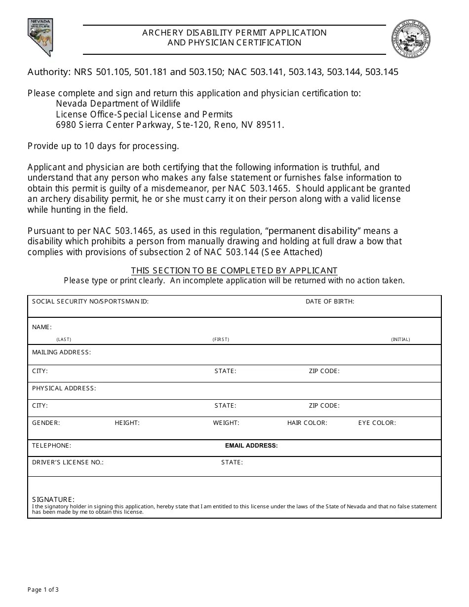 Nevada Archery Disability Permit Application and Physician Certification Fill Out, Sign Online