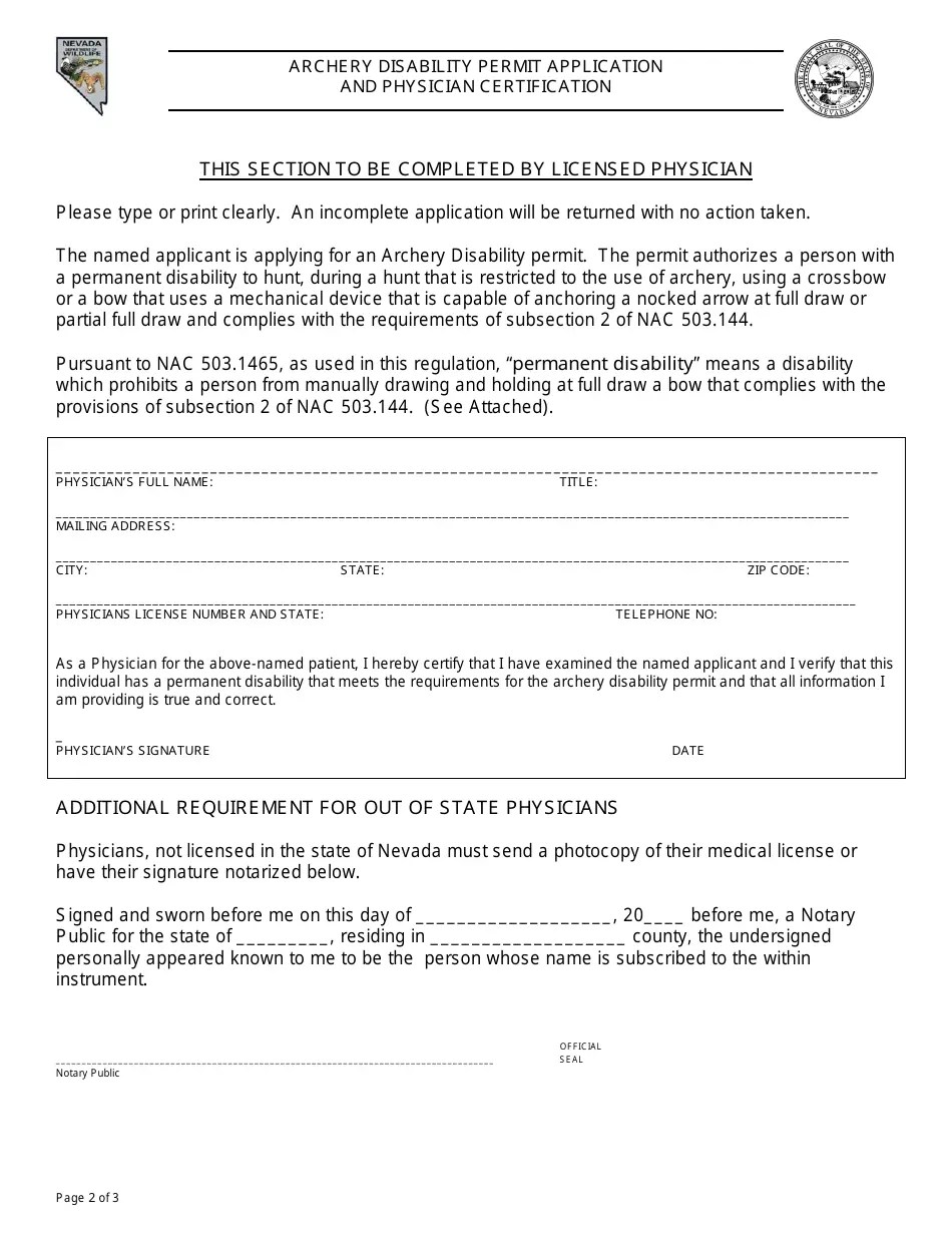 Nevada Archery Disability Permit Application and Physician Certification Fill Out, Sign Online