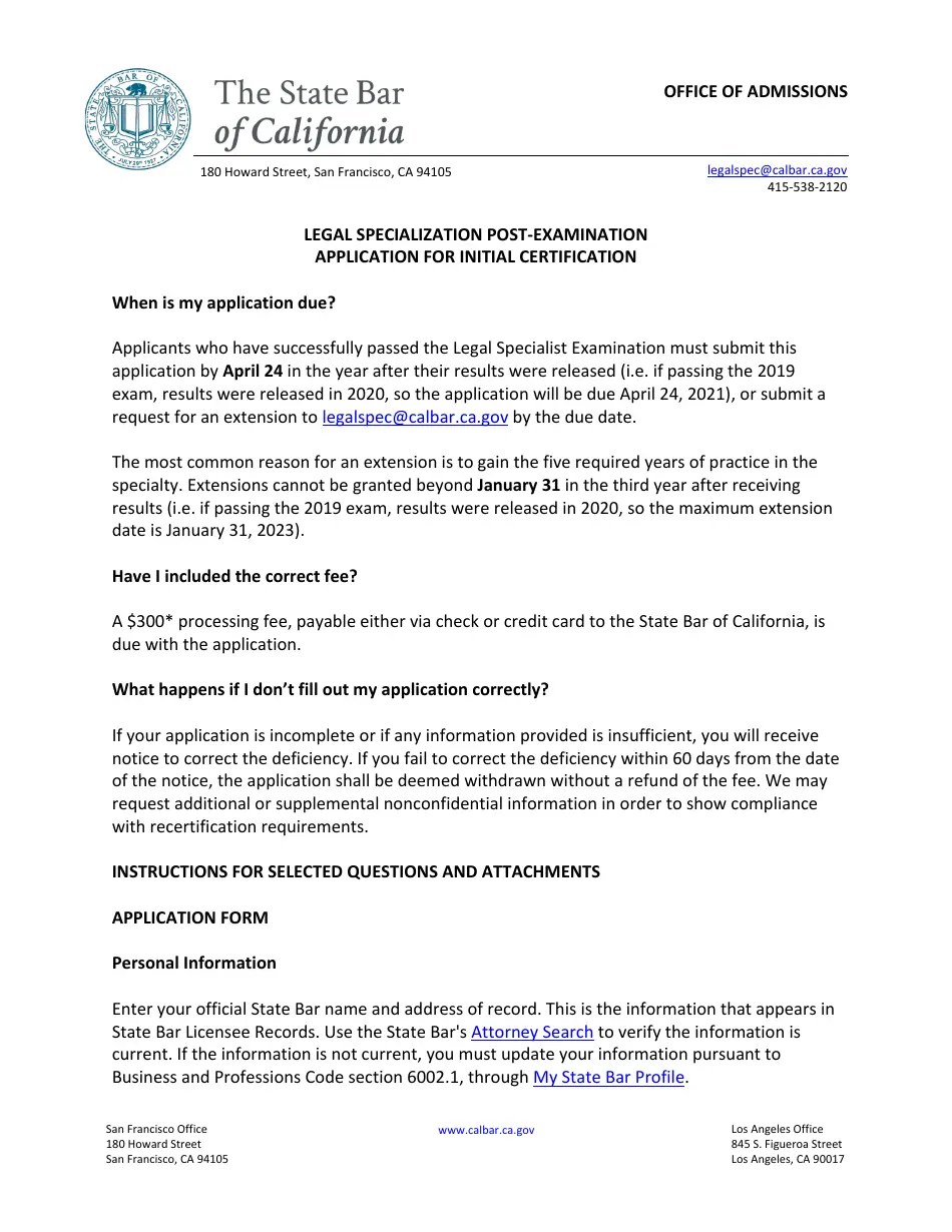 California Postexamination Application for Initial Certification