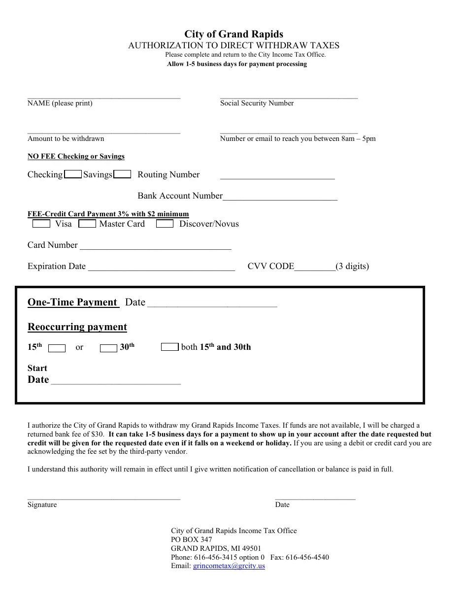 City of Grand Rapids, Michigan Authorization to Direct Withdraw Taxes Fill Out, Sign Online