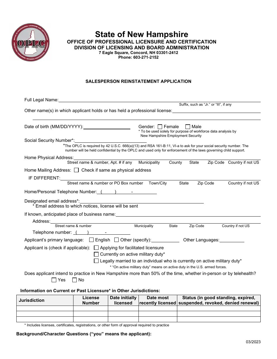 New Hampshire Salesperson Reinstatement Application Fill Out, Sign