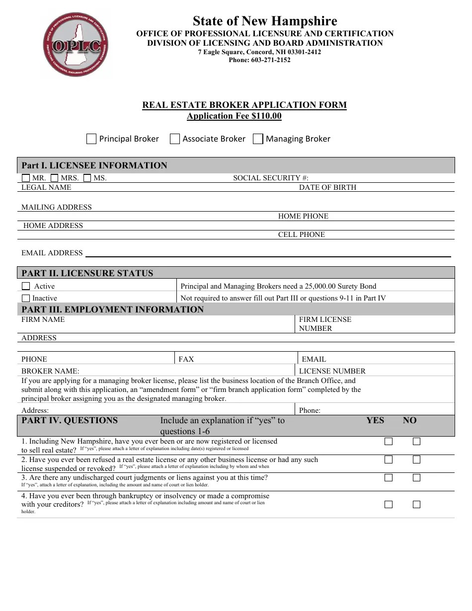 New Hampshire Real Estate Broker Application Form Fill Out, Sign