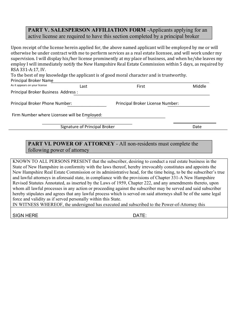 New Hampshire Real Estate Salesperson Application Form Fill Out, Sign