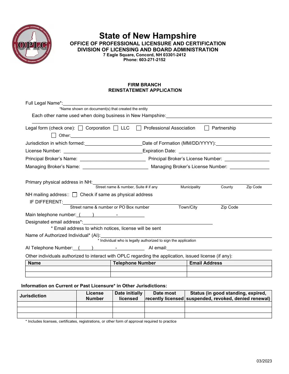 New Hampshire Firm Branch Reinstatement Application Fill Out, Sign