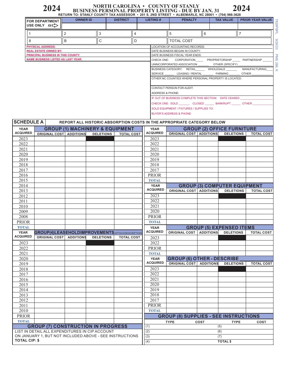 2024 Stanly County, North Carolina Business Personal Property Listing