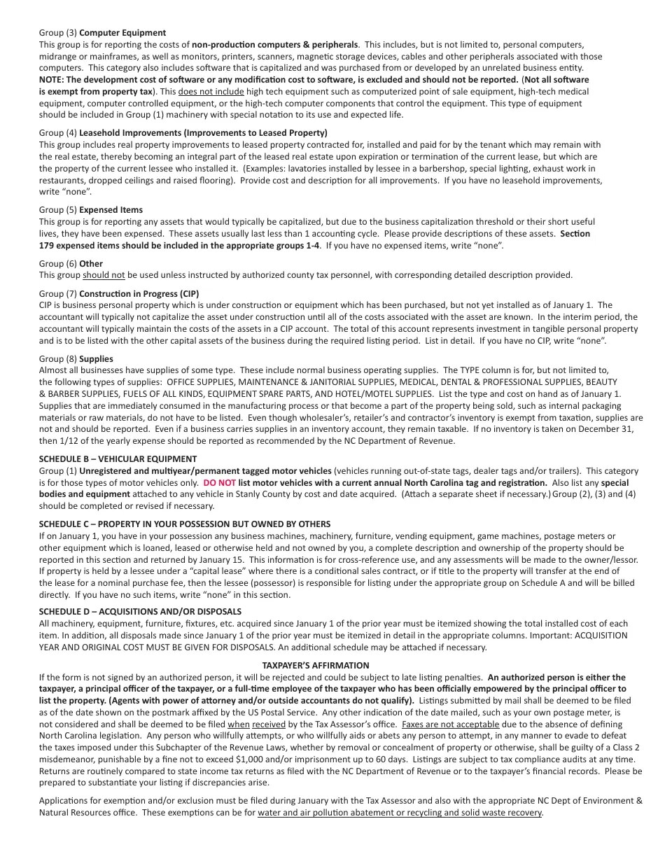 2024 Stanly County, North Carolina Business Personal Property Listing