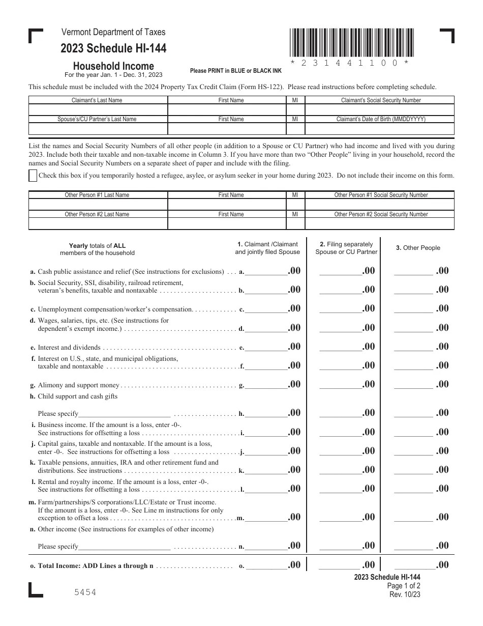 Form HS122 Download Fillable PDF or Fill Online Vermont Homestead