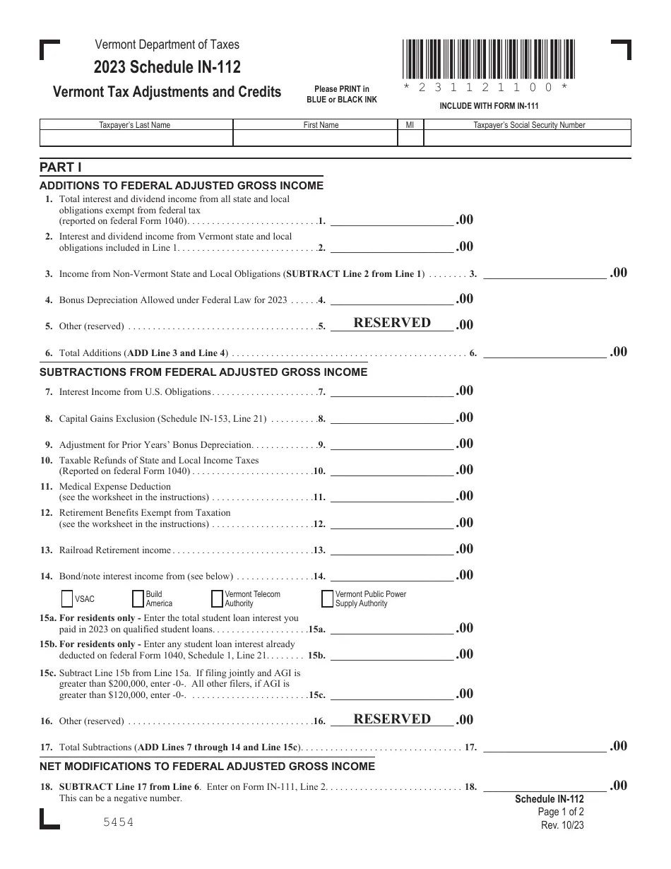 2023 Vermont Vermont Tax Adjustments and Credits Fill Out, Sign
