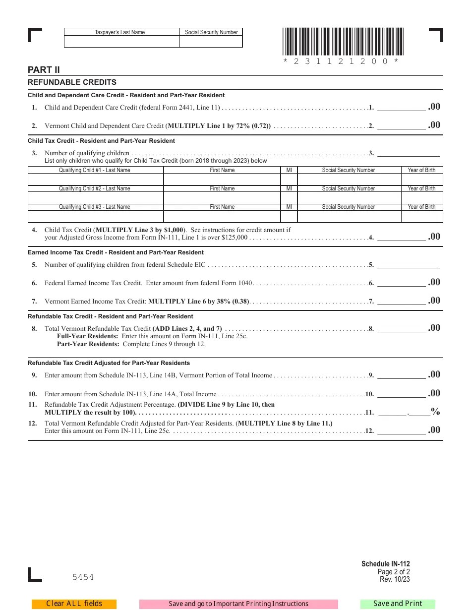 2023 Vermont Vermont Tax Adjustments and Credits Fill Out, Sign