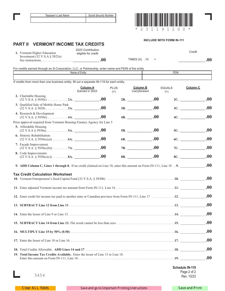 Schedule IN119 Download Fillable PDF or Fill Online Vermont Tax