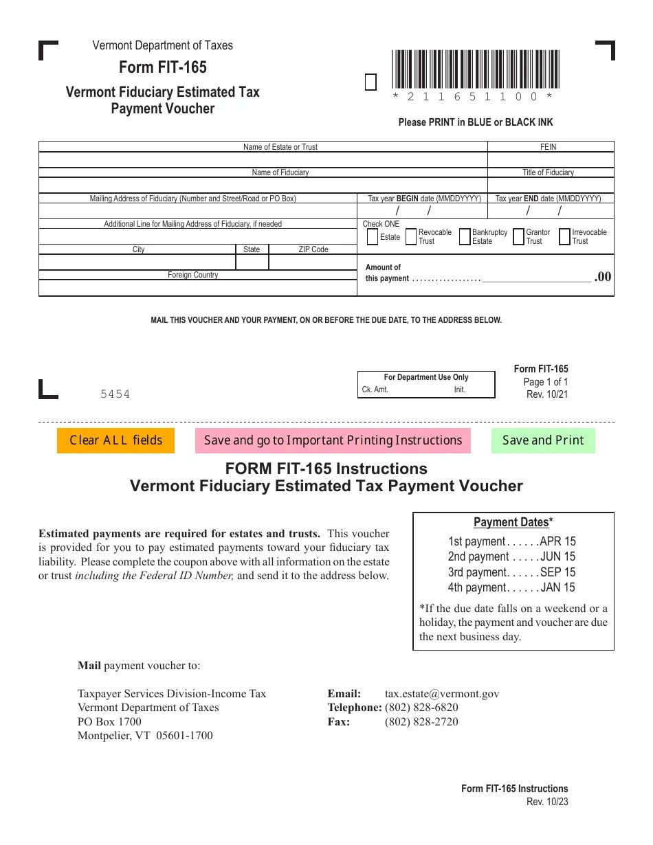 Form FIT165 Download Fillable PDF or Fill Online Vermont Fiduciary Estimated Tax Payment