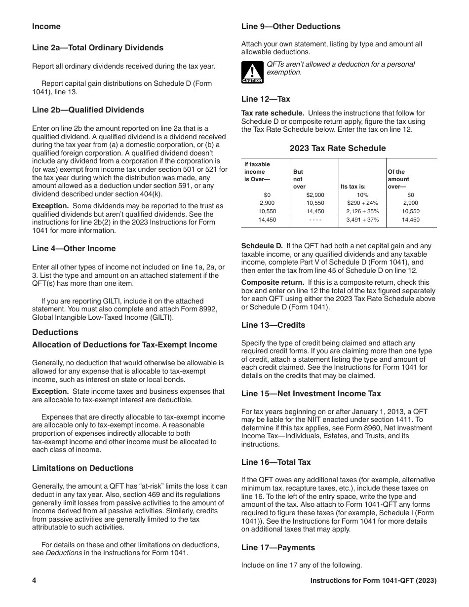 Download Instructions for IRS Form 1041QFT U.S. Tax Return for