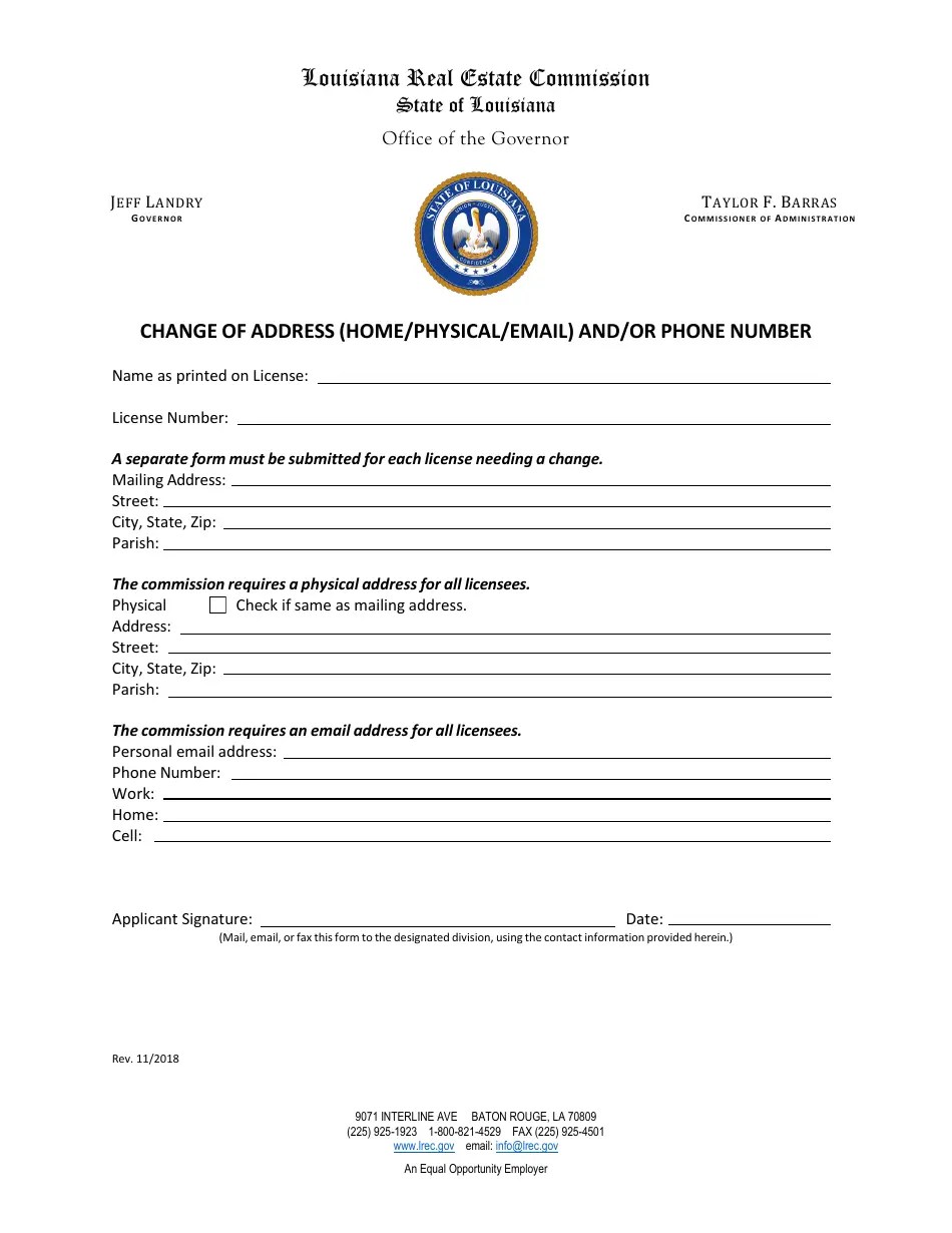 Louisiana Change of Address (Home/Physical/Email) and/or Phone Number