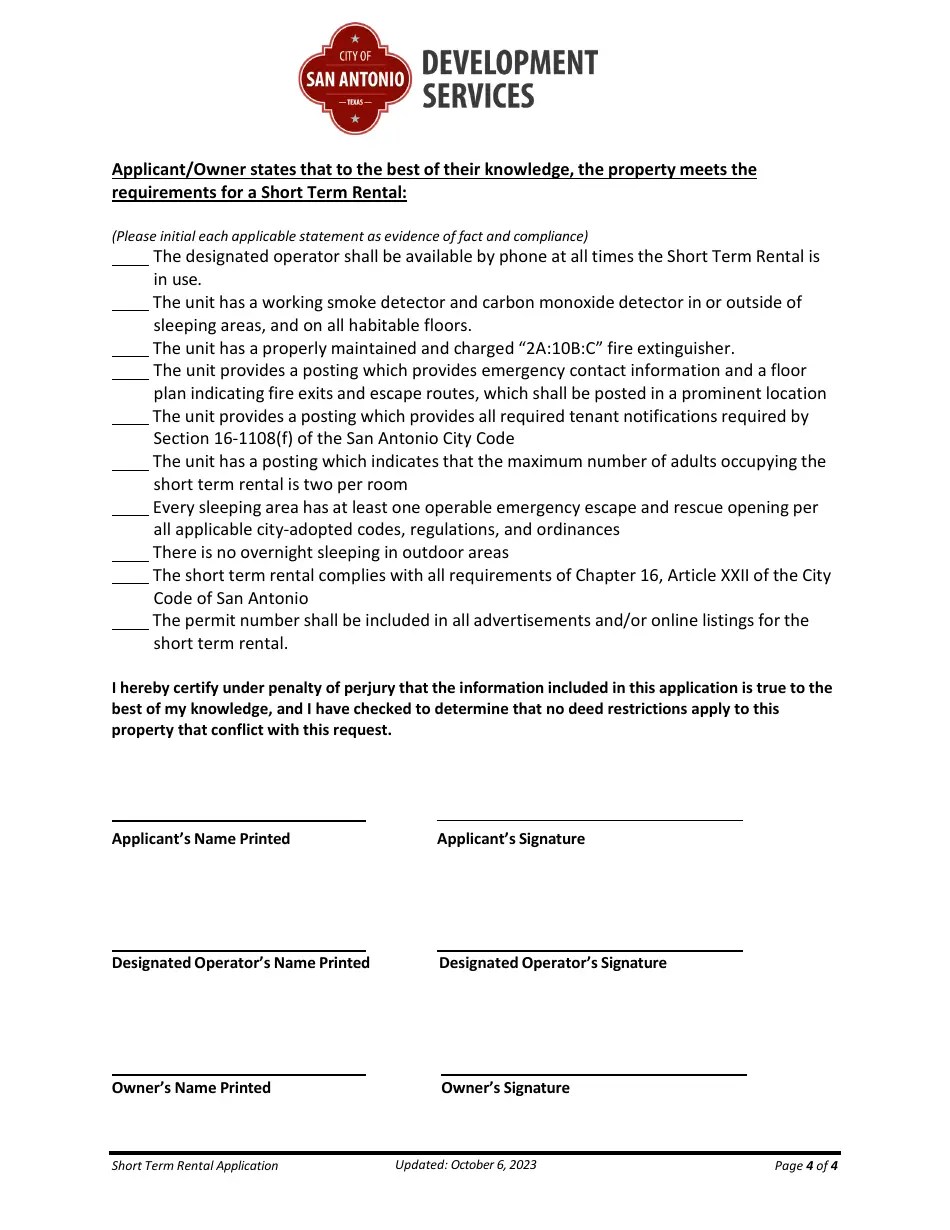 City of San Antonio, Texas Application for Short Term Rental (Str