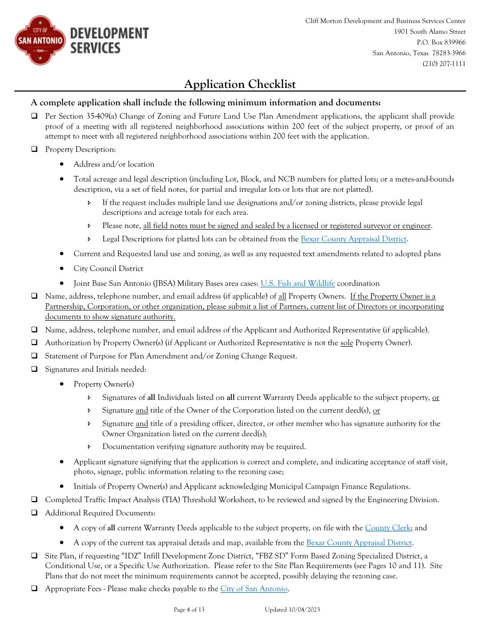 City of San Antonio, Texas Application for Change of Zoning/Plan