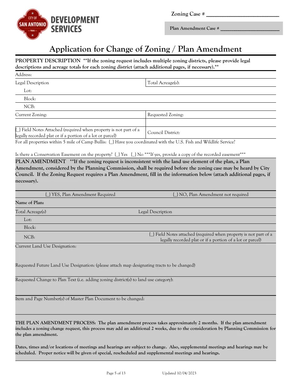 City of San Antonio, Texas Application for Change of Zoning/Plan