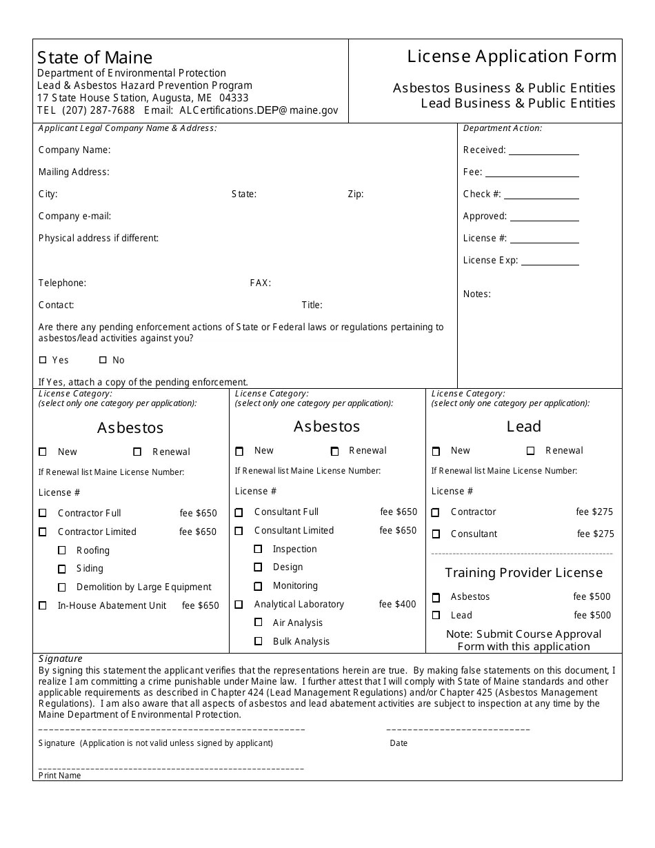 Maine License Application Form Asbestos/Lead Business & Public